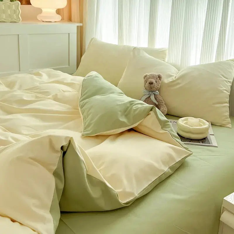 Bedding set by Simples Market: 4-piece solid brush fabric duvet cover, pillowcases and sheet in sage green and cream