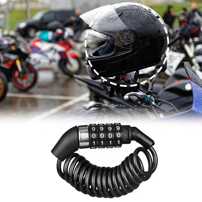 Helmet lock with black coiled cable and 4-digit combination for motorcycle security by Simples Market.