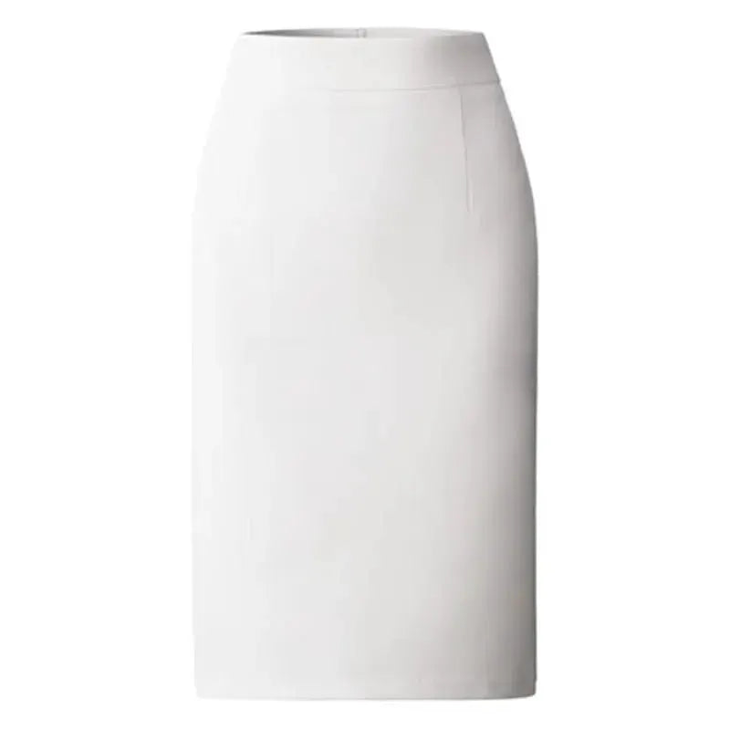 White high-waisted pencil skirt, midi-length, solid color for office wear.