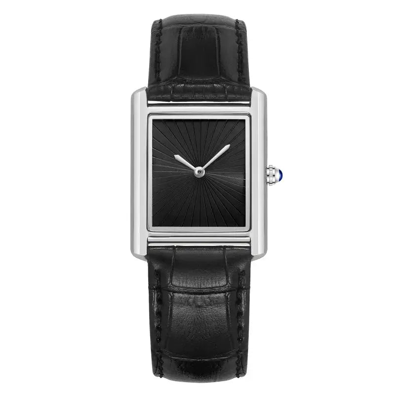 Simples Market square watch with black dial and sunburst pattern, silver case, black leather strap.