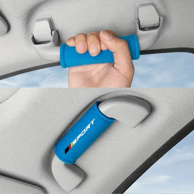 Blue car roof grab-handle protector; 1-piece padded cover with SPORT branding