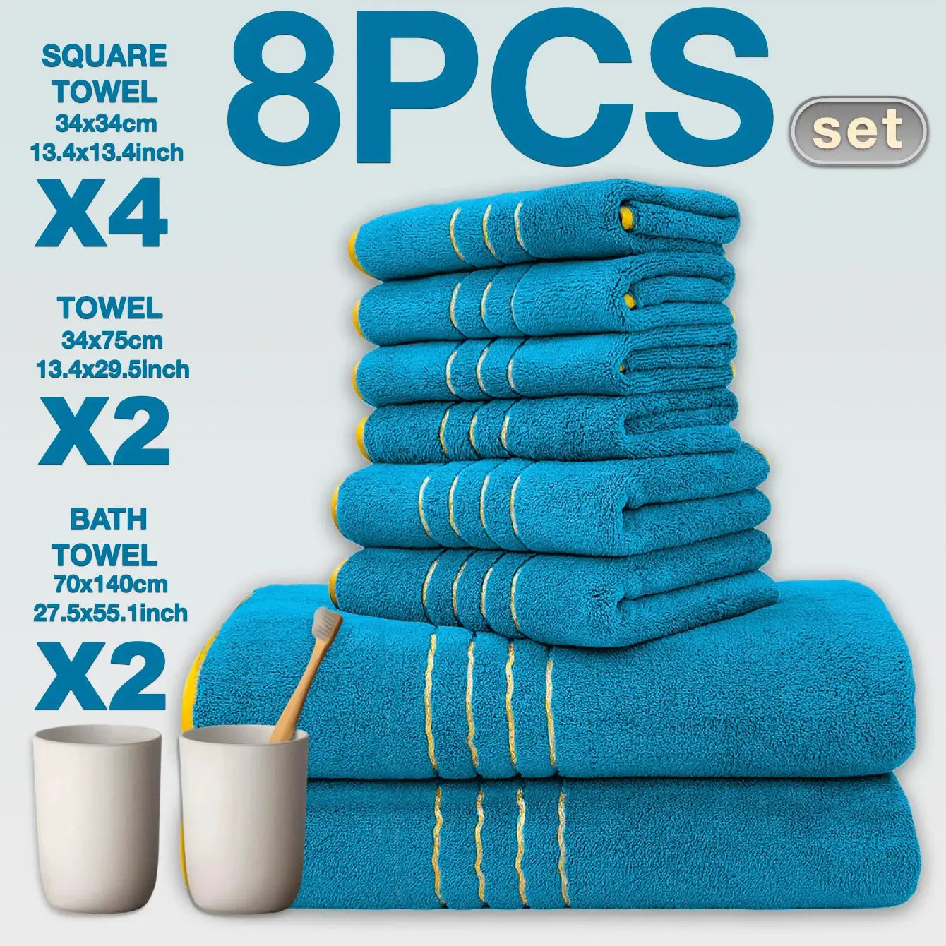 8-piece luxury hotel cotton towel set; blue bath and hand towels with yellow trim.