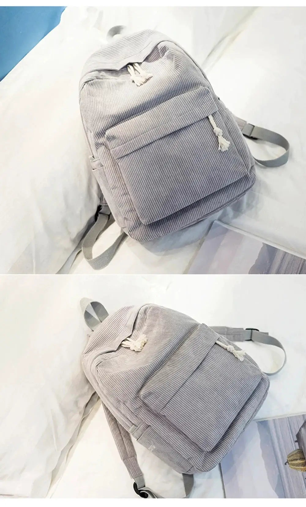 Corduroy student backpack in gray for teens, with front zip pocket and top handle
