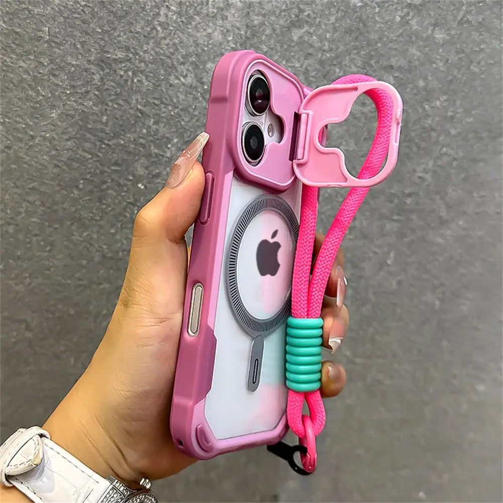 Simples Market Armor Candy Color Clash MagSafe phone case in pink with wrist strap for iPhone 11–16 Pro Max Plus