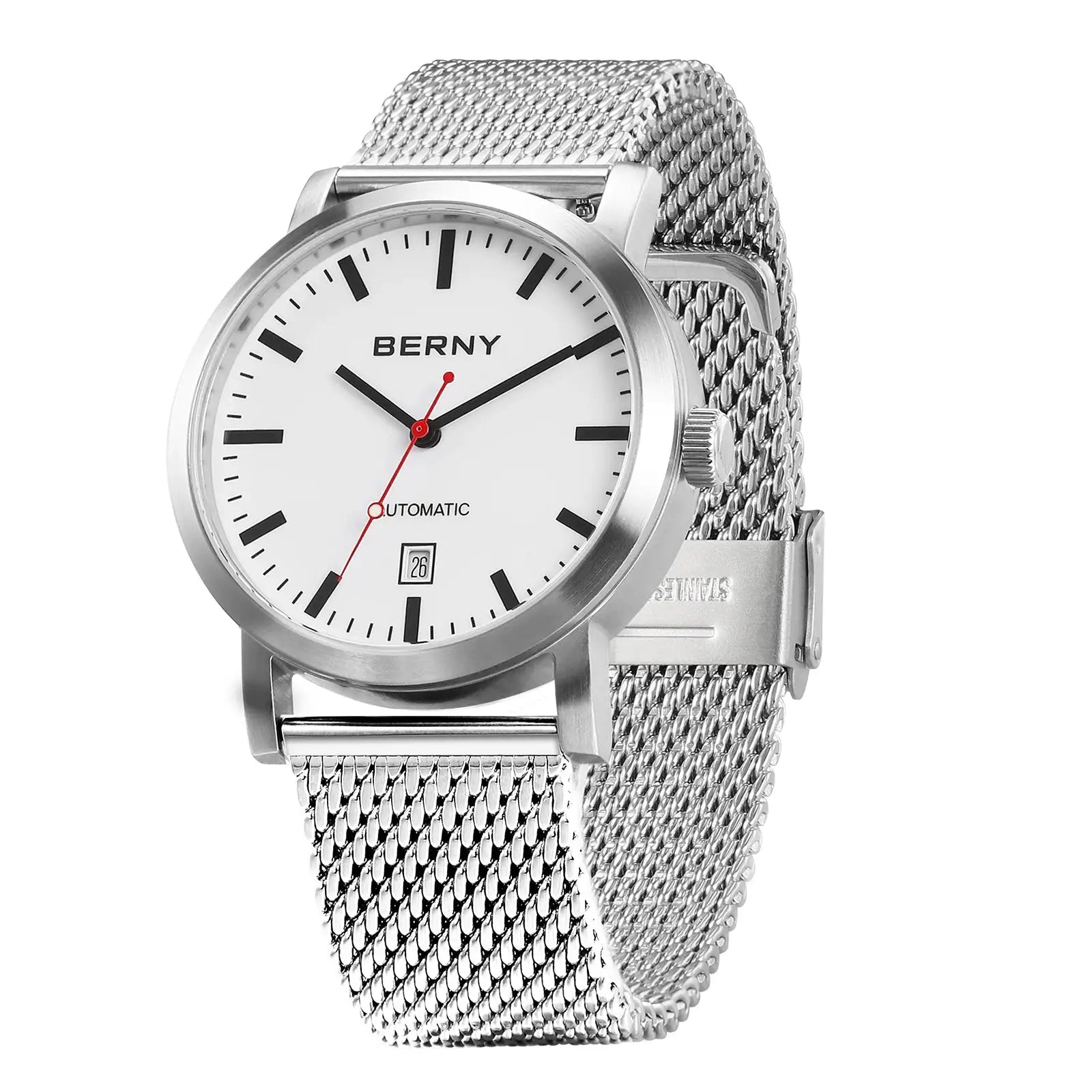 BERNY men's stainless steel mesh wristwatch with white dial, automatic movement, date window