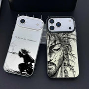 Two iPhone cases with black-and-white manga art; samurai silhouette with I have no enemies text and a close-up face design by Simples Market