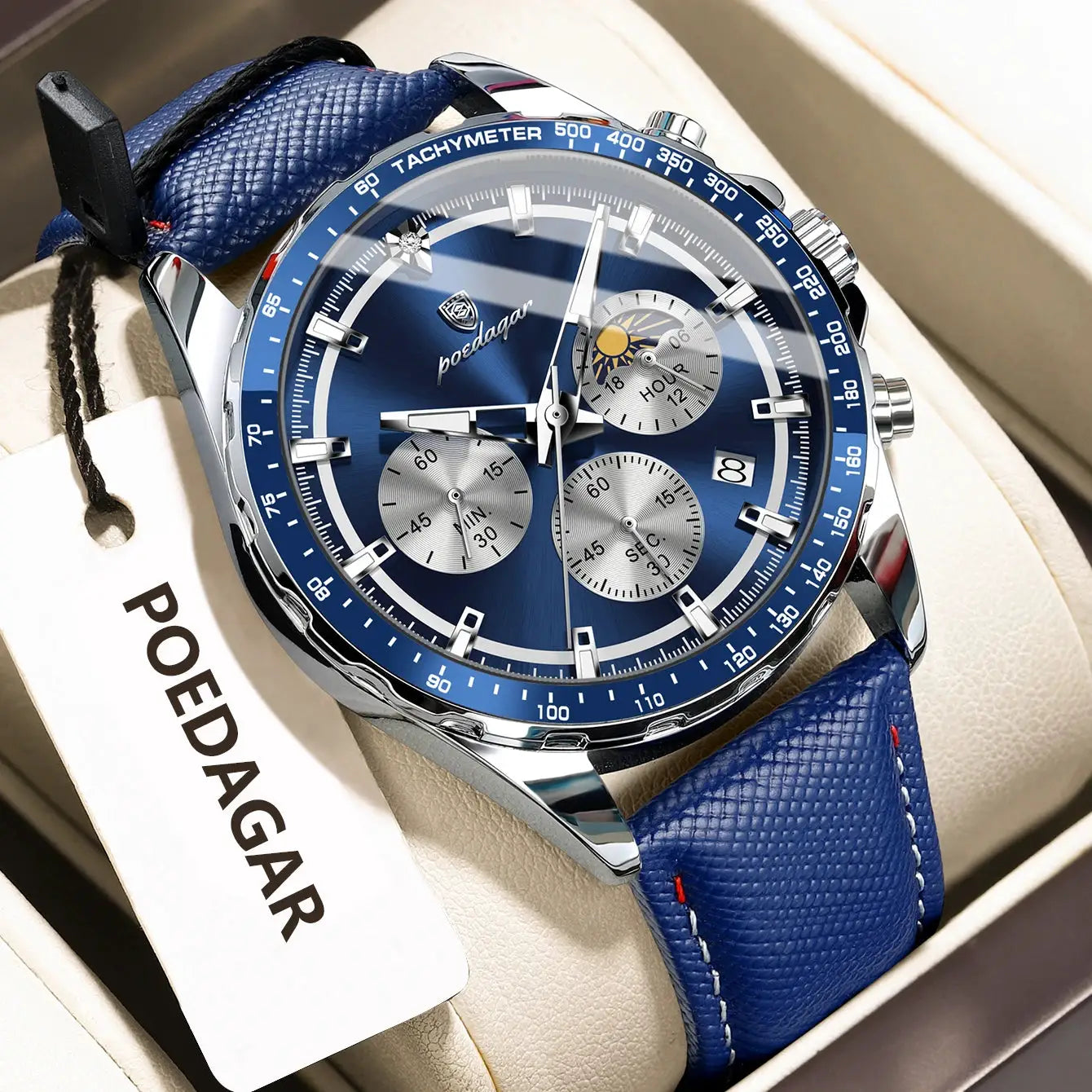 POEDAGAR blue-dial men's wristwatch with leather strap, chronograph and tachymeter bezel.