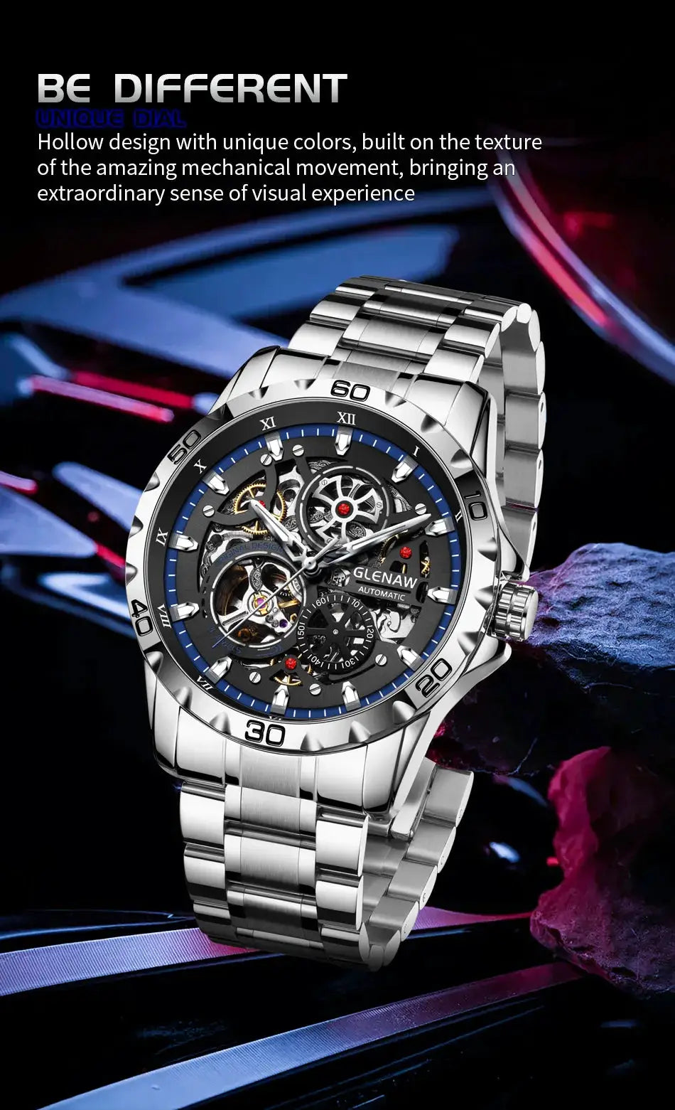GLENAW skeleton automatic men's watch with stainless steel bracelet, blue dial, luminous and waterproof