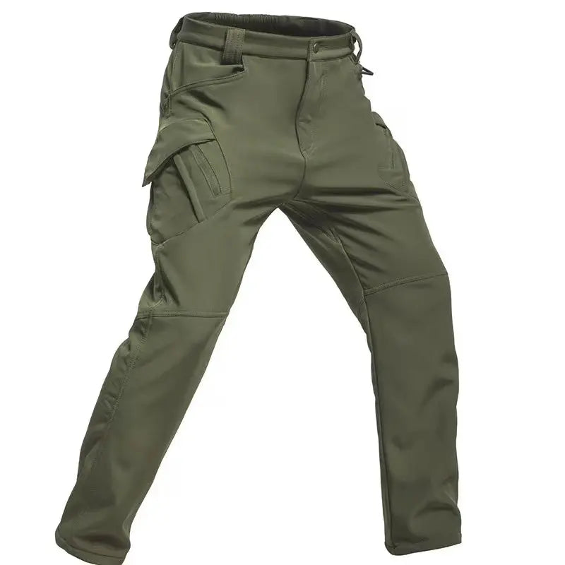 Men's olive green cargo hiking pants with multiple pockets, knee panels, belt loops for outdoor trekking