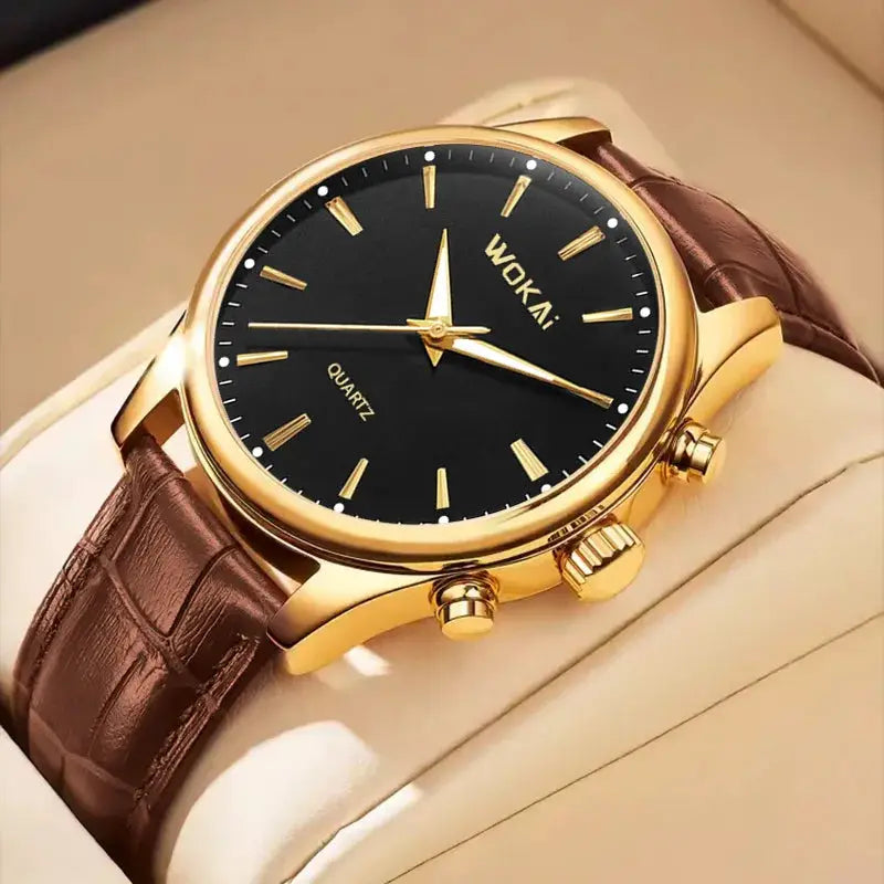 NovaLux Moon Phase Chronograph Leather Mens Watch With Luminous Hands And Complete Calendar
