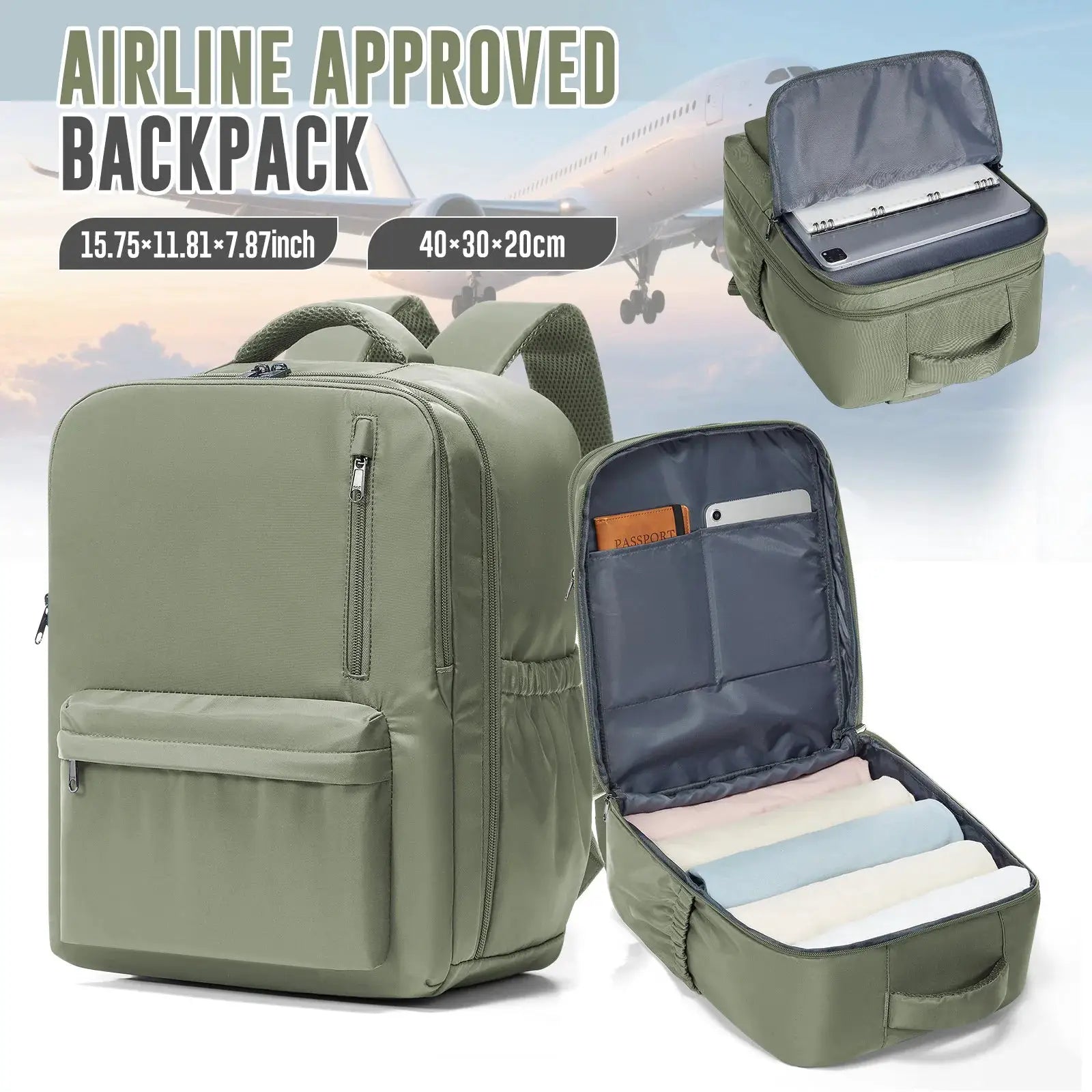 Olive green cabin travel backpack with multiple compartments; fits 15.6 inch laptop, 40x30x20 cm (15.75x11.81x7.87 in).