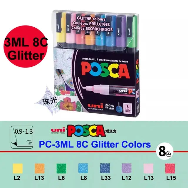 Uni Posca PC-3ML 8C Glitter paint marker set in vinyl case, 8 water-based pigment pens