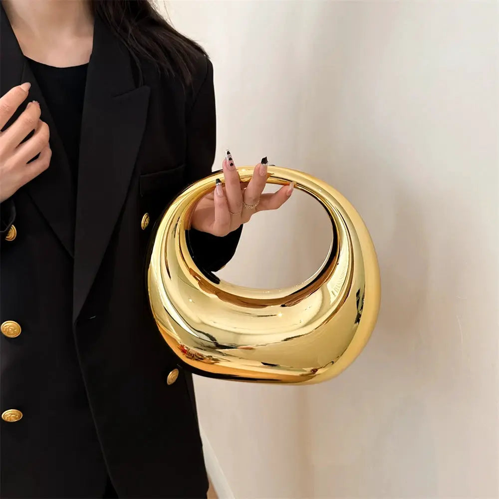 MOODS Golden Evening Handbag for Women with round gold-tone handle PVC wrist clutch for dinner, party, wedding.