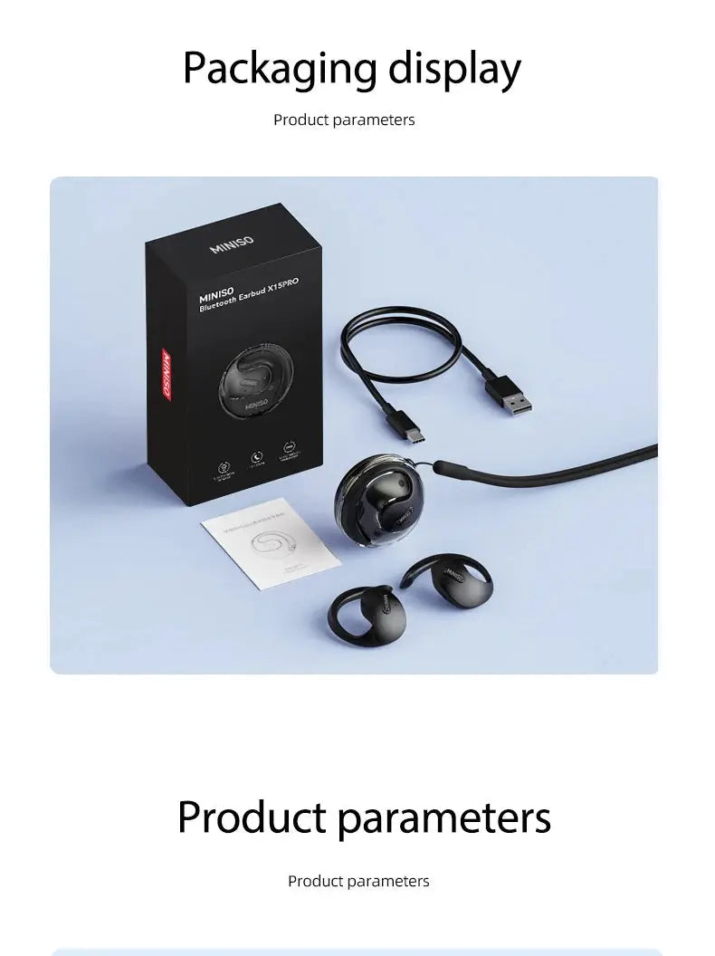 MINISO X15Pro translator Bluetooth headset packaging with black wireless earbuds and USB cable