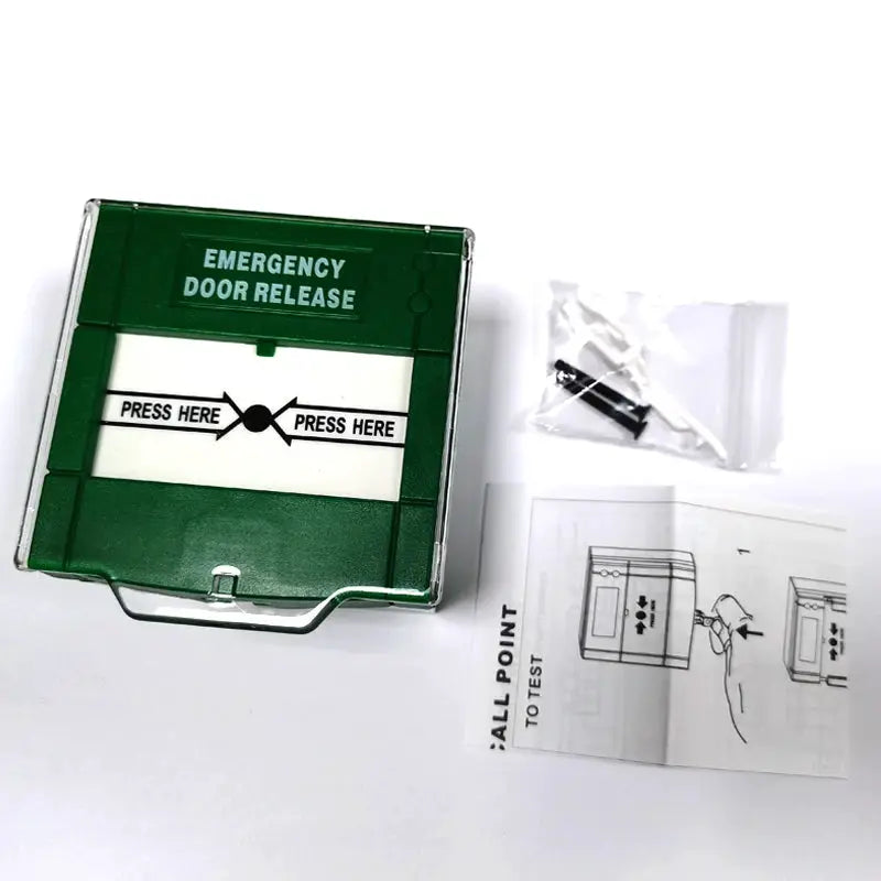 Simples Market green emergency door release switch with cover; includes mounting screws and installation instructions.
