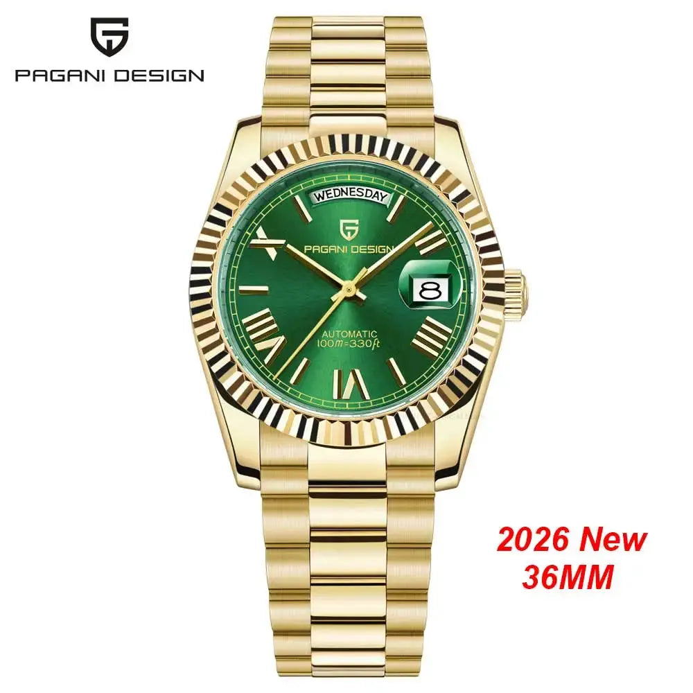 Pagani Design men's gold automatic watch 36mm with green dial and stainless steel bracelet