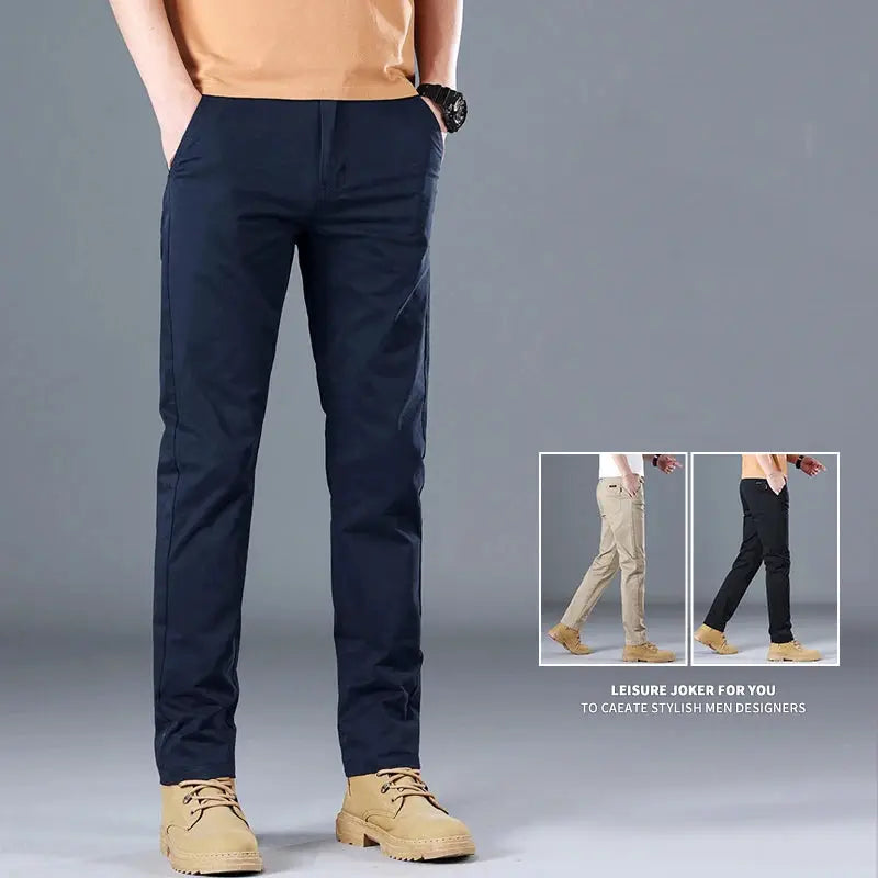 Simples Market men's pure cotton slim-straight casual pants in navy; also shown in beige and black (3 color options)