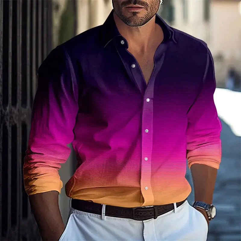 Men's gradient long-sleeve casual shirt in purple–pink–orange hues.