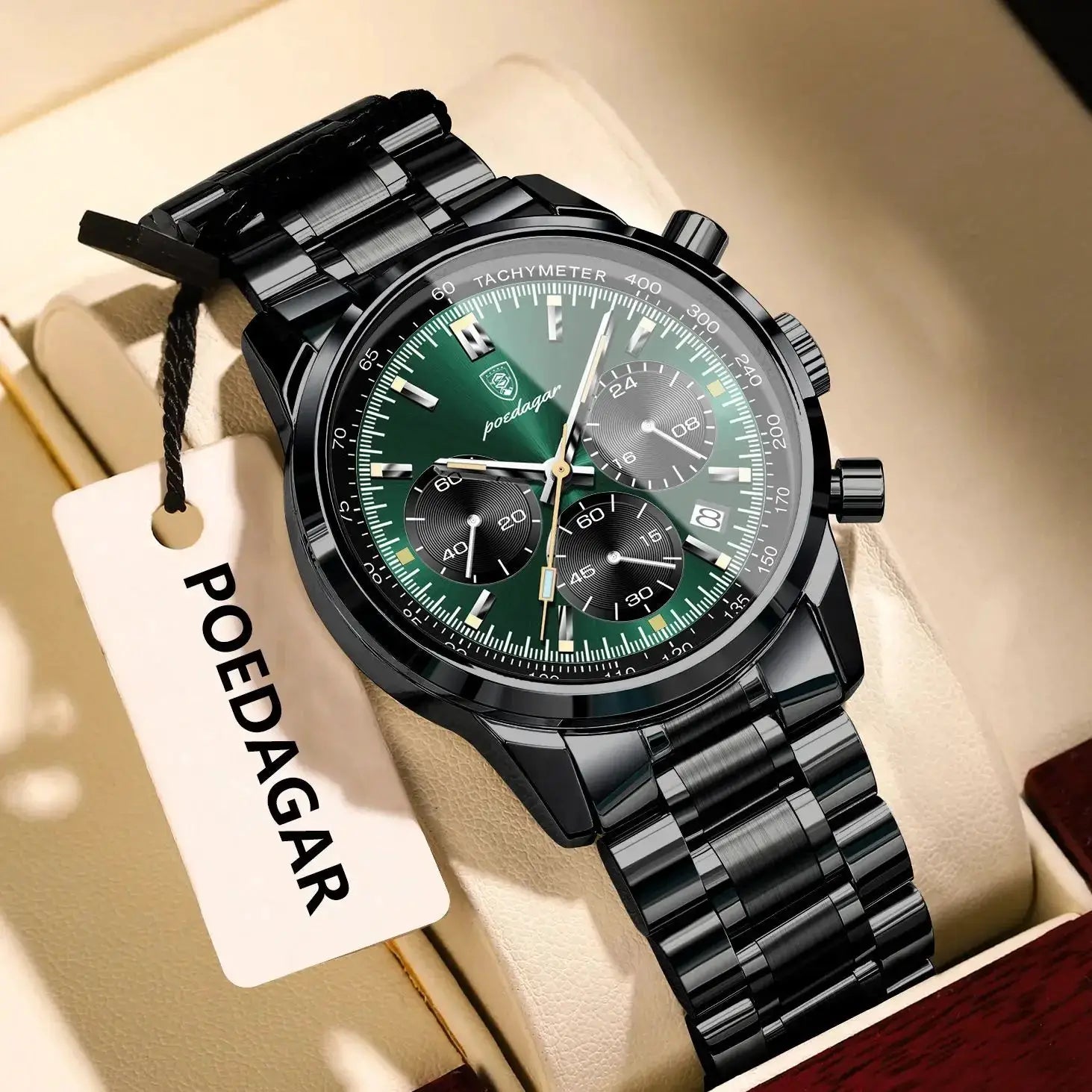 POEDAGAR luxury men's watch with black stainless steel bracelet, green dial, chronograph subdials and date window