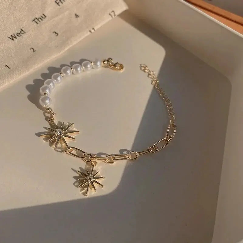Big Heart Charm Hollow Out Star Fire Ball Bracelet for Women Imitation Pearl Cute Charm Lock Closure Ins Jewelry