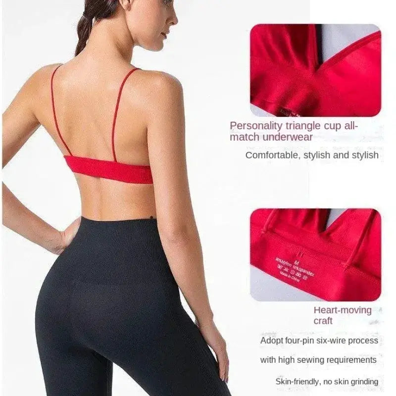 Simples Market red V-neck seamless triangle-cup bra camisole for women, back view with double thin straps