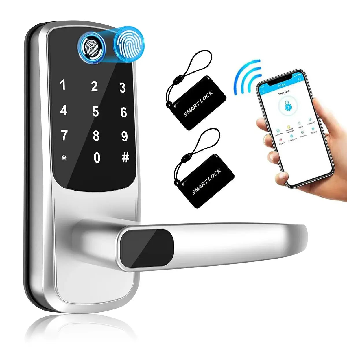 Smart door lock, silver, with keypad, fingerprint scanner, two smart cards and app control