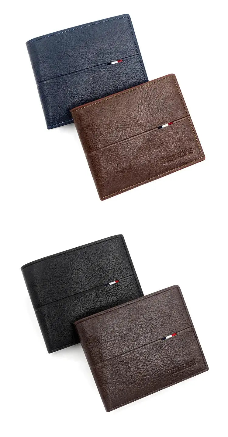 4-pack men's slim bifold zipper card wallets in blue, black and brown PU leather with coin pocket