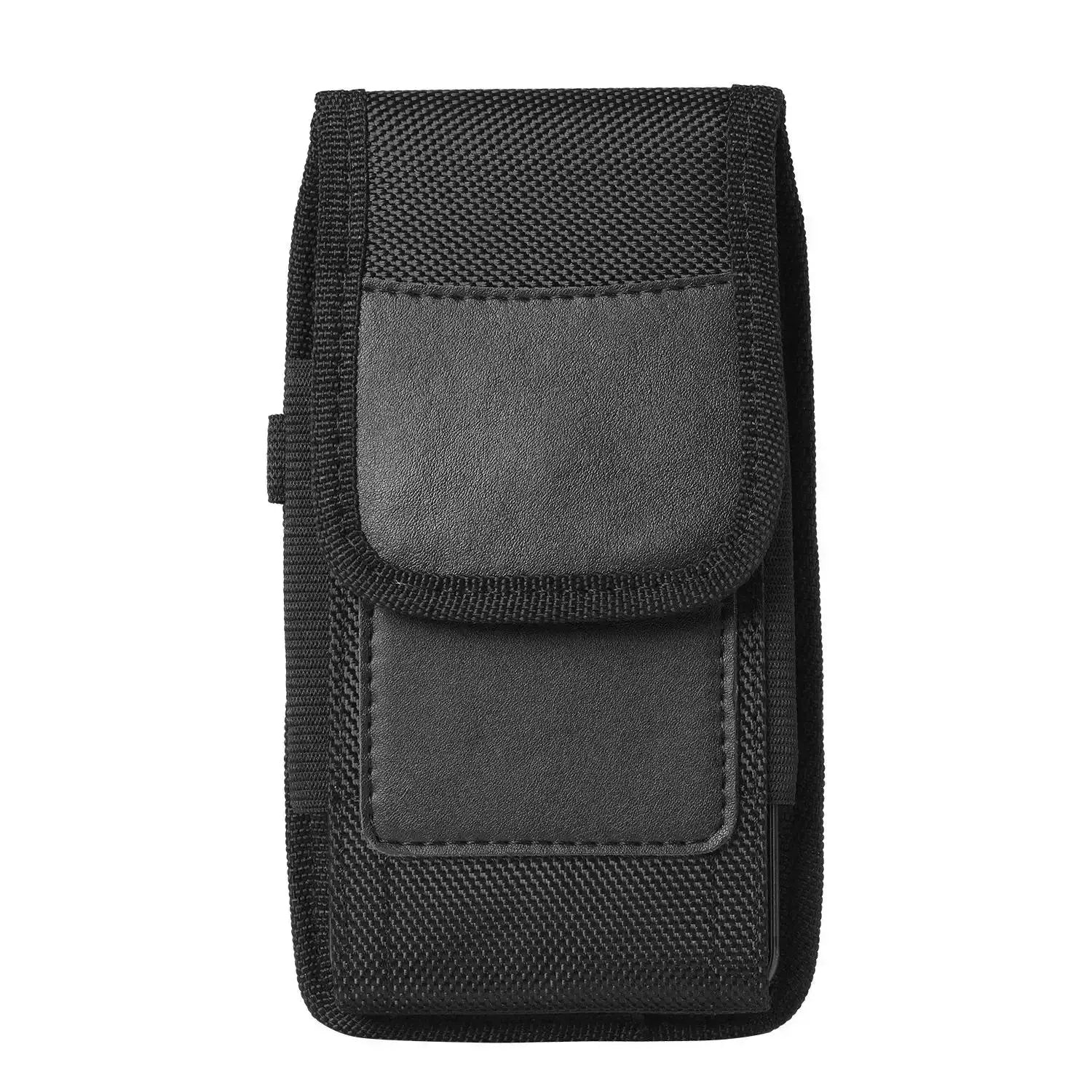Mobile phone waist bag in black nylon with front flap pocket and belt loop