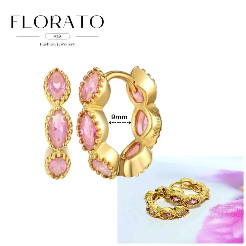 Pink zircon hoop earrings by FLORATO in gold-tone finish, geometric design, 9mm inner diameter pair