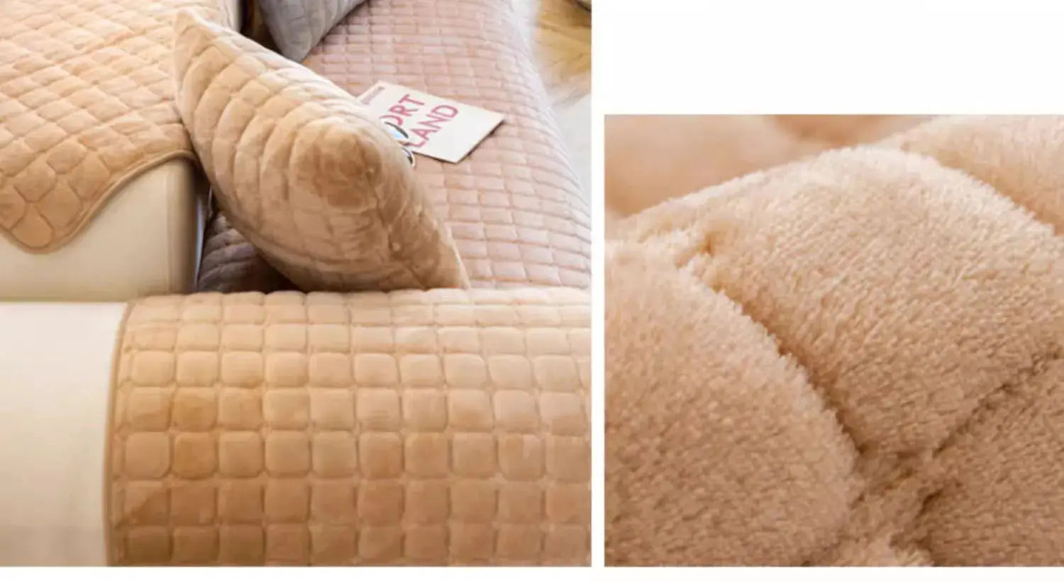 Simples Market plush plaid sofa cover in beige velvet, non-slip universal backrest cushion