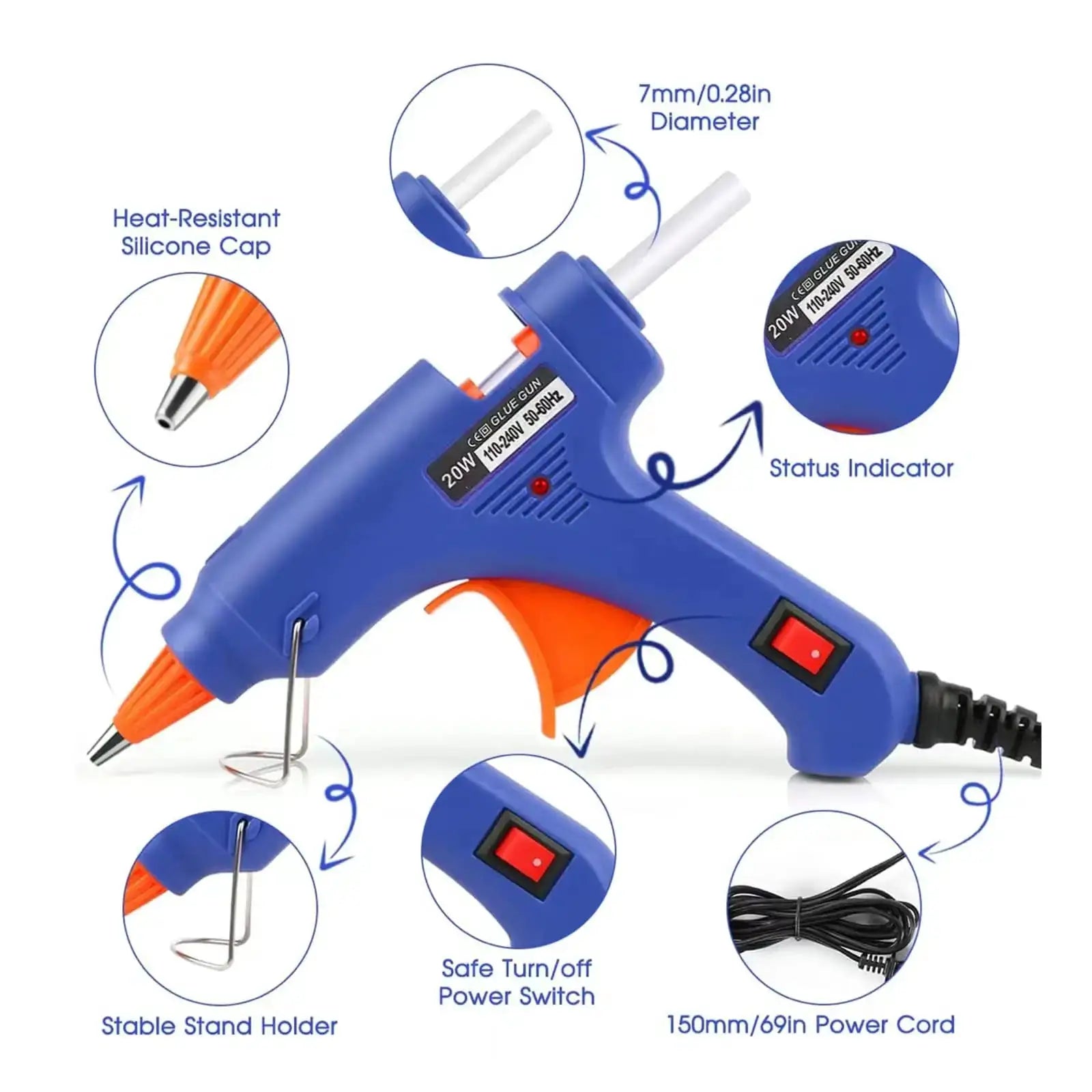 20W Hot Melt Glue Gun Mini DIY Tool For Household And Light Industrial Use 7mm Glue Sticks Anti Drip Nozzle EU Plug
