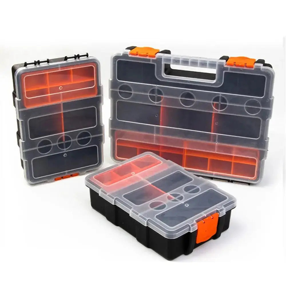 Multi-grid portable plastic toolbox set of three by Simples Market with clear lids and orange latches