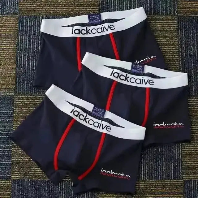 3-pack navy cotton men's boxer briefs by jackcaive with white waistband and red piping