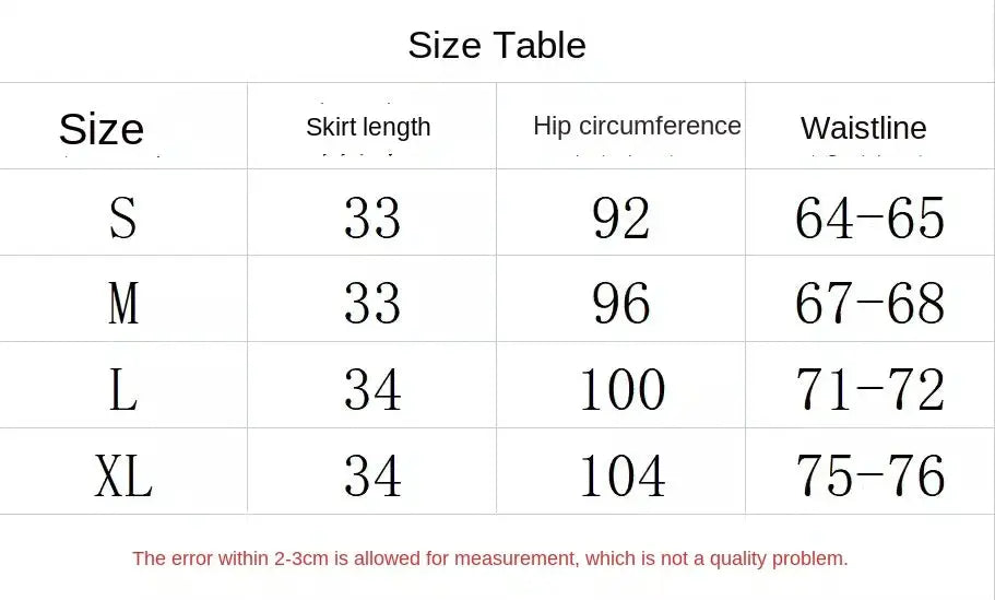 Simples Market denim skirt size table with S–XL, skirt length 33–34 cm, hip 92–104 cm, waist 64–76 cm.