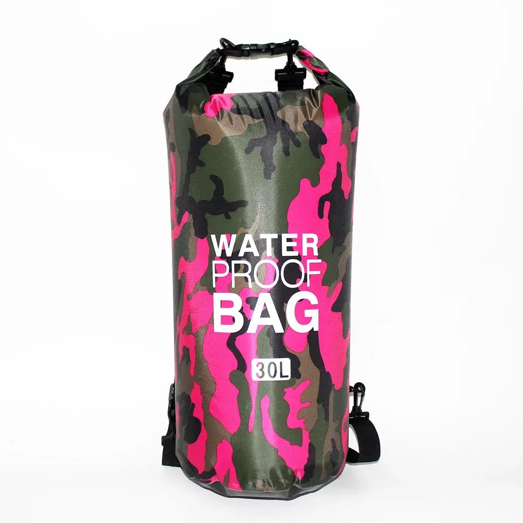 Simples Market waterproof dry bag, 30L camouflage pink pattern, with roll-top closure and adjustable shoulder strap