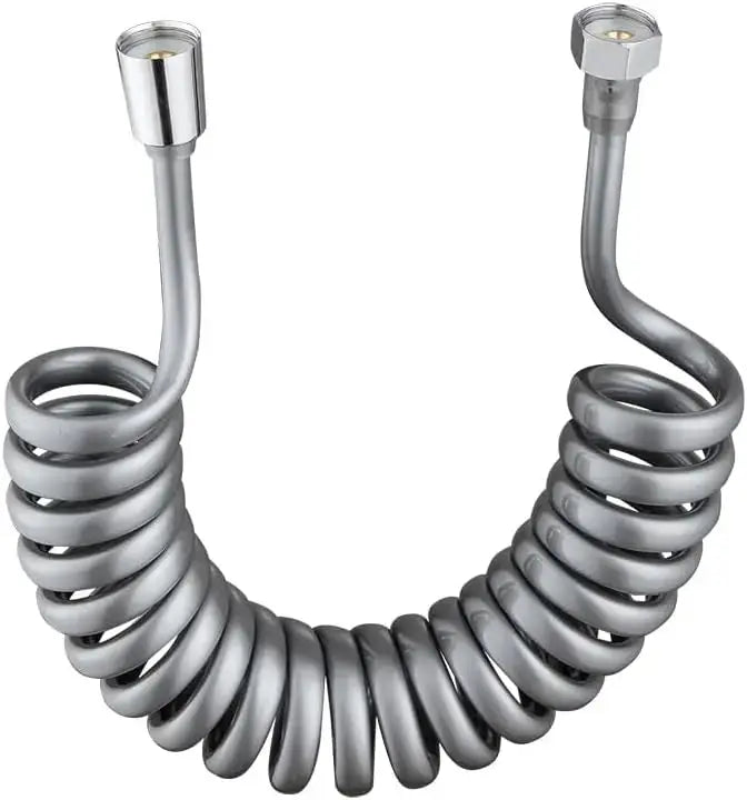 Bidet spray hose for bathroom, gray coiled metal hose with dual fittings at both ends
