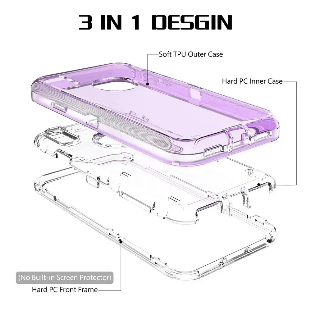 3-in-1 transparent shockproof iPhone case by Simples Market; purple TPU outer with hard PC inner frame