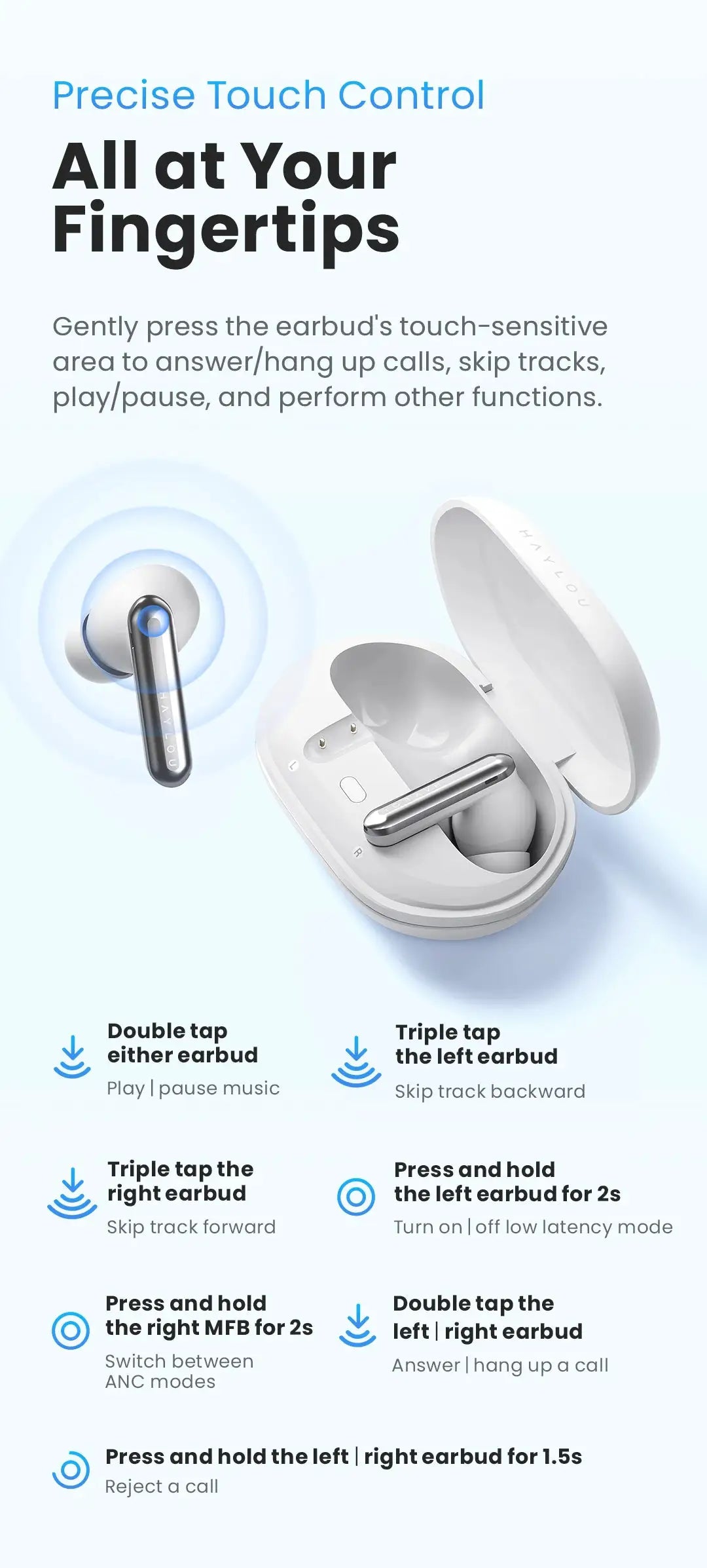 HAYLOU Mori Pro Bluetooth 5.4 earphones with charging case, white/silver, ANC, 6 mics