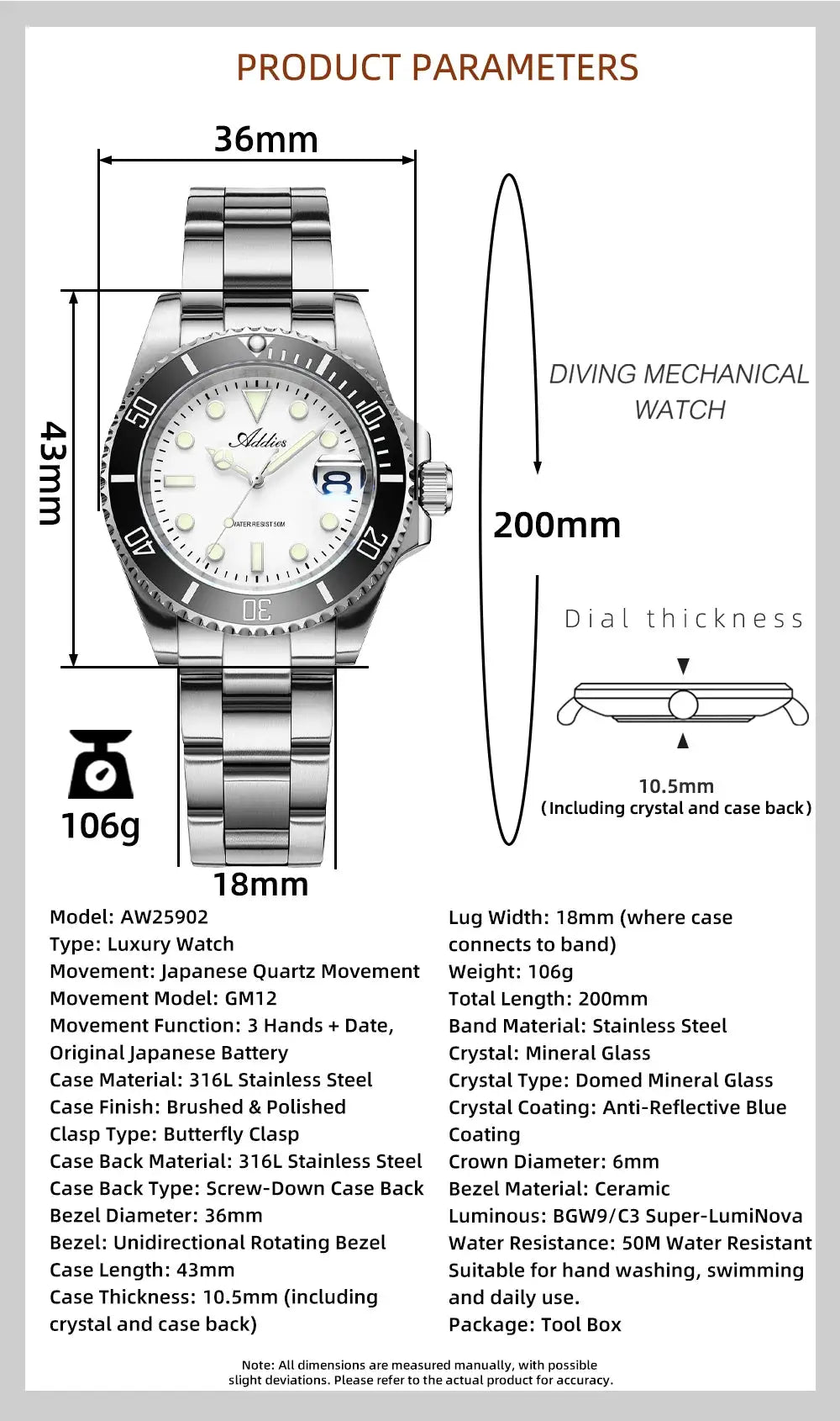 Addies New Women's Luxury Watch by Simples Market with stainless steel bracelet and ceramic bezel, luminous BGW9/C3
