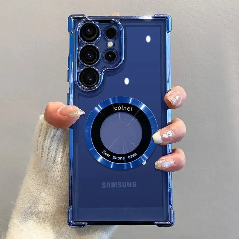 Samsung blue magnetic wireless charge case with circular ring and clear back lens protection