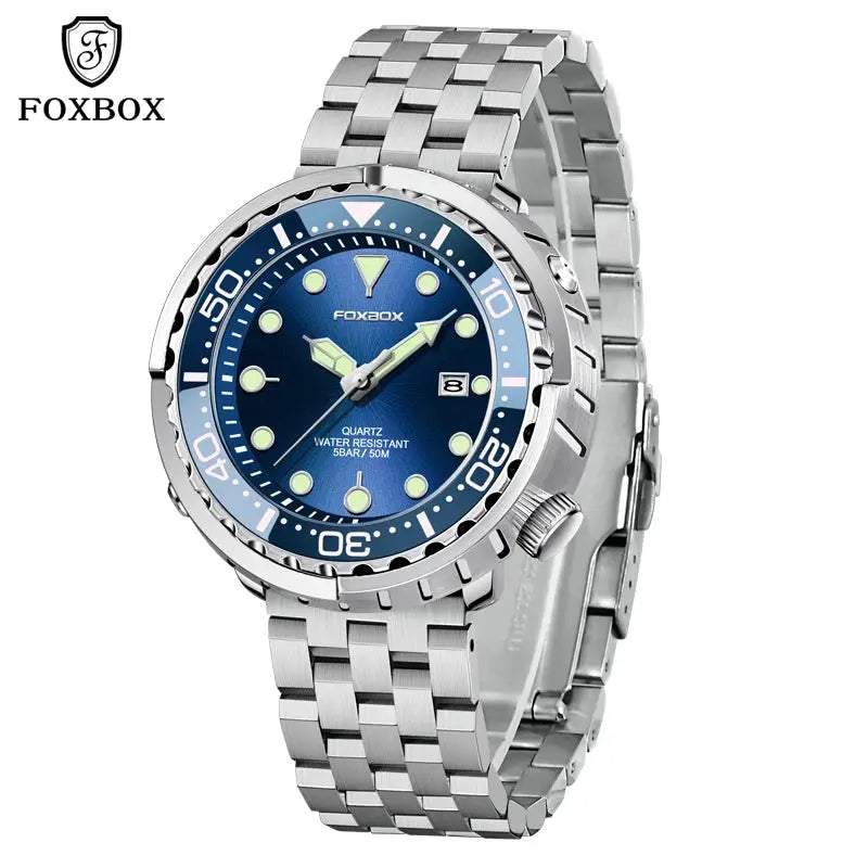 FOXBOX quartz men's stainless steel dive watch with blue dial, luminous markers, date window, 5ATM steel bezel