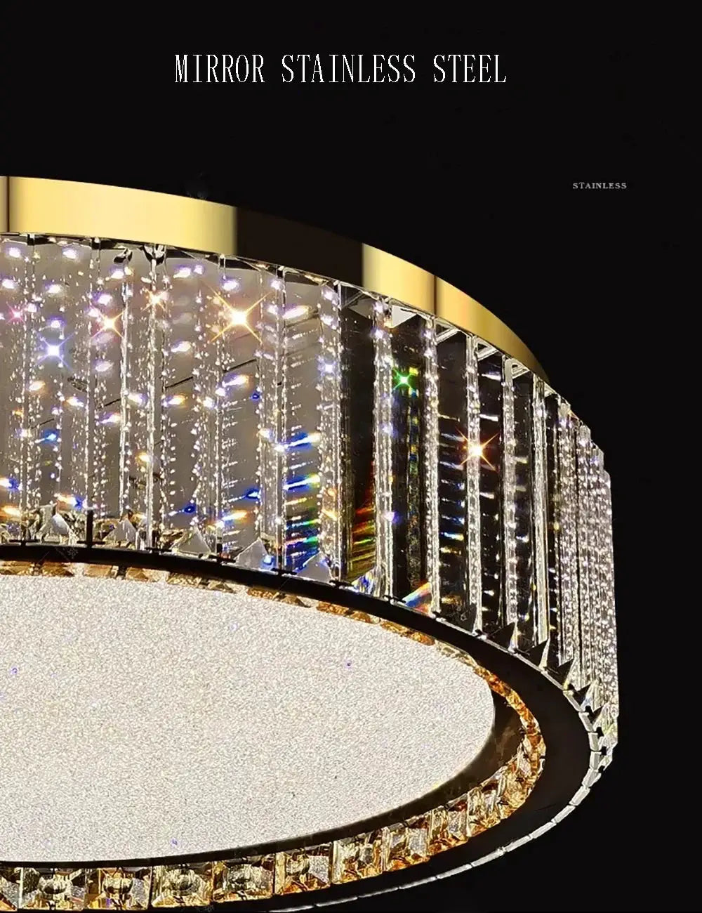Light luxury crystal ceiling lamp by Simples Market; stainless steel frame with crystal strands