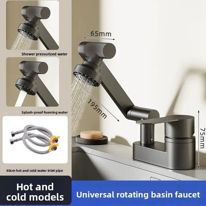 Simples Market universal rotating basin faucet with hot and cold water, dual-hole design, 2-mode nozzle