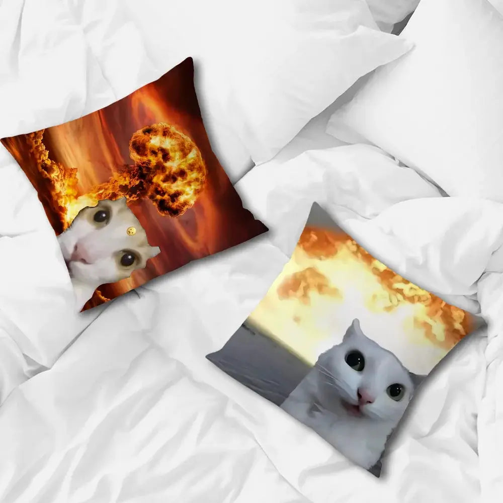 Simples Market cushion cover set featuring two cat meme designs with fiery backgrounds