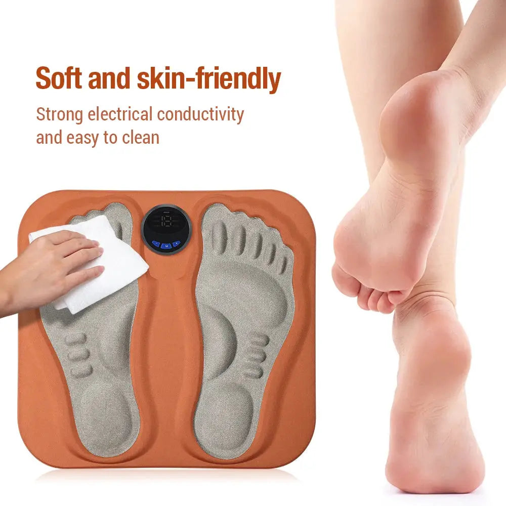 3D foot massage pad with dual gray foot pads on an orange base, digital display and rechargeable design