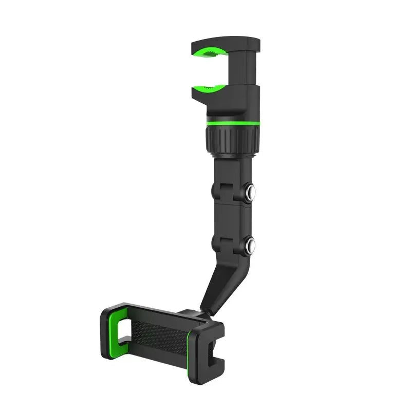 Rearview mirror phone holder with 360° rotatable arm, black with green accents, car mount
