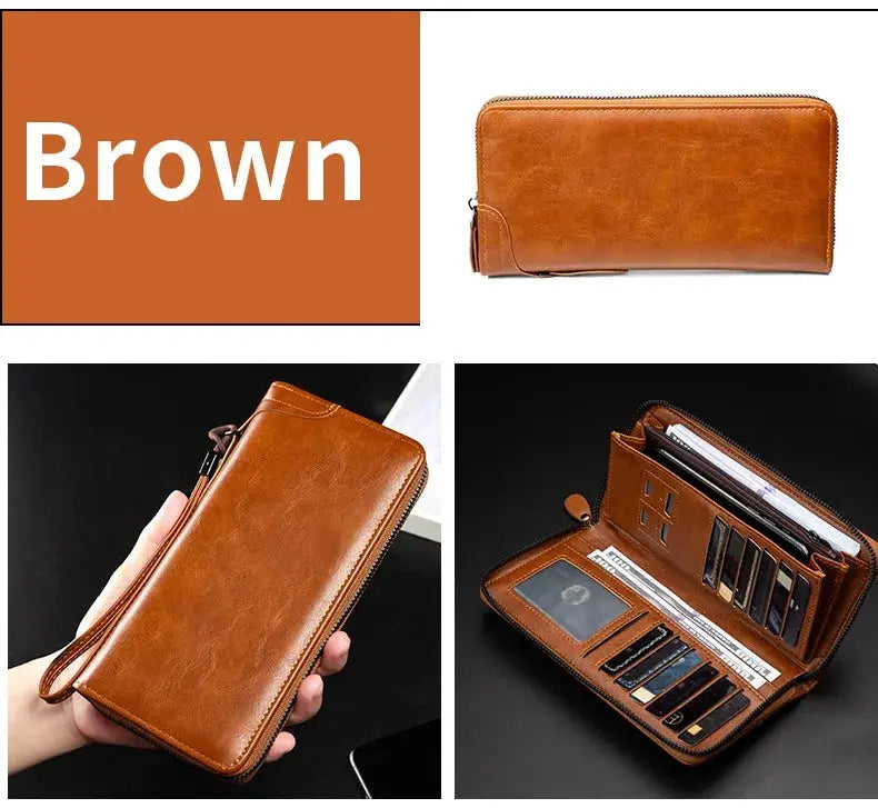 Men's brown PU leather long zipper wallet with RFID blocking by Simples Market, featuring multiple card slots.