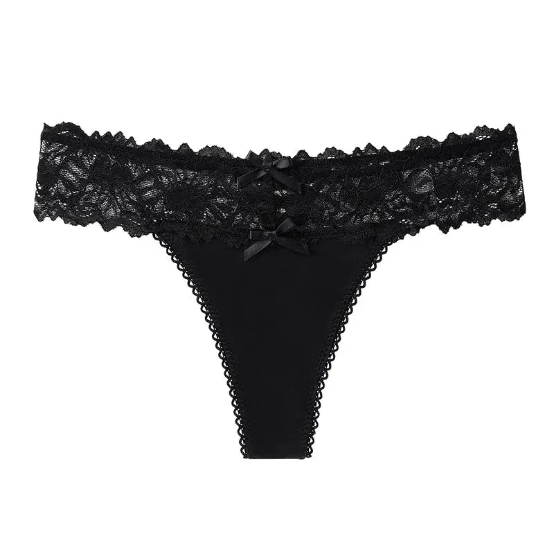 Black lace thong for women with wide lace waistband and two small satin bows
