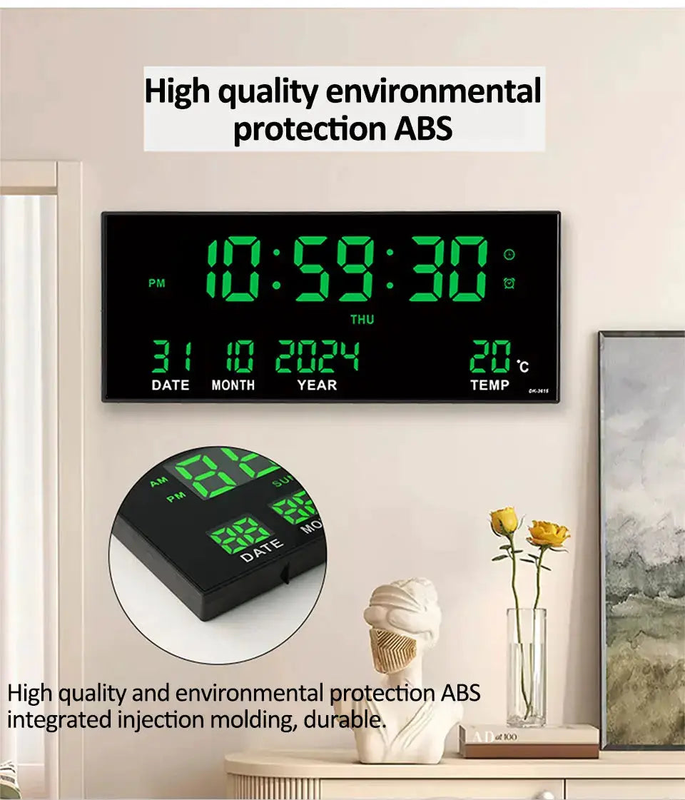 Simples Market 14-inch digital LED wall clock with green display; shows time, date and temp, plug-in with 8 alarms.