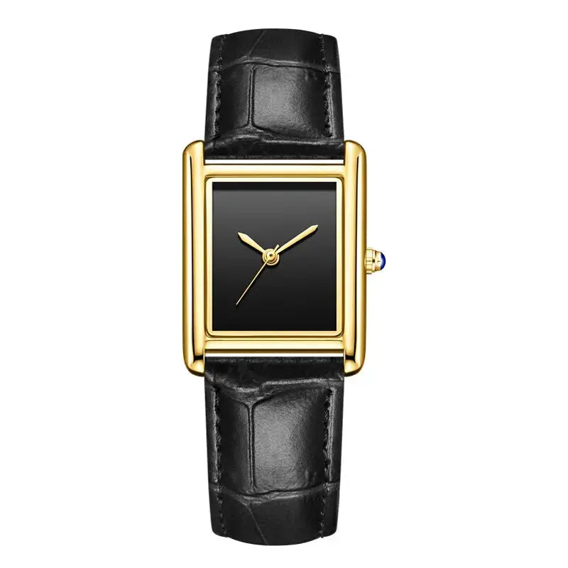 Simples Market rectangular gold-tone wristwatch with black dial and black leather strap